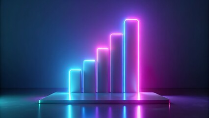 Neon Bar Graph Ascending with Blue and Pink Lights on a Platform