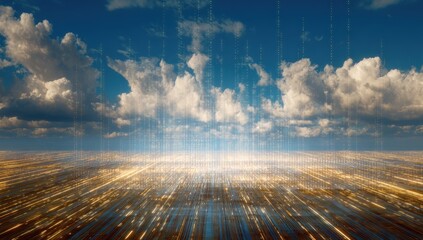 Golden field beneath a cloudy sky with digital lines