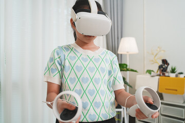 A young student uses a VR headset for interactive lesson, transforming education. This is the future of virtual learning and immersive EdTech at home.