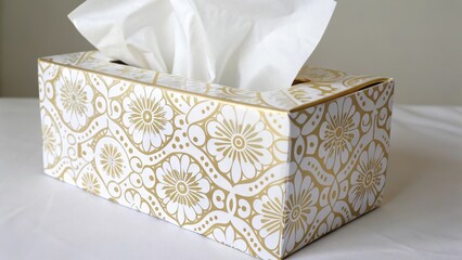 Decorative tissue box with floral gold pattern containing soft white tissues on clean surface background for cold and allergy season