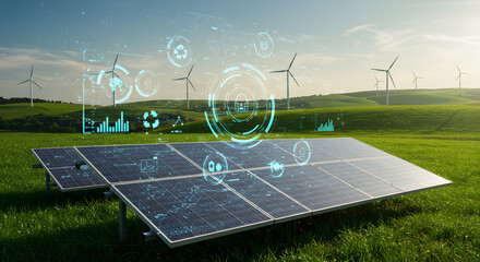 Sustainable Technology Integration: A Detailed Close-Up of Solar Panels in a Vibrant Lush Garden with a Backdrop of Rolling Hills and Wind Turbines, Featuring Interactive Digital Data Graphs and Eco-F