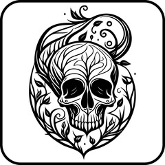Stylized skull illustration with floral embellishments symbolizing mortality and natural cycle of