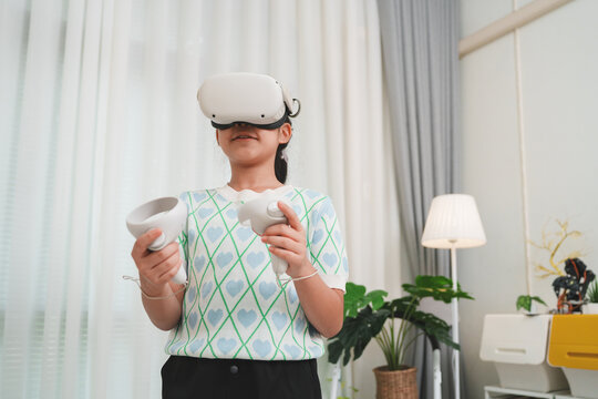 Girl Student Using VR Headset for Education and Entertainment Concept