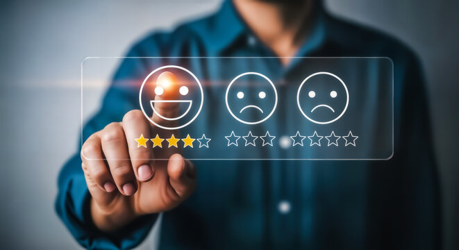 Customer satisfaction survey with a hand selecting a happy face emoji and five stars, representing excellent service and positive feedback