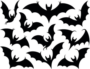 Spooky silhouettes of flying bats diverse poses for halloween decorations and nighttime atmosphere vector