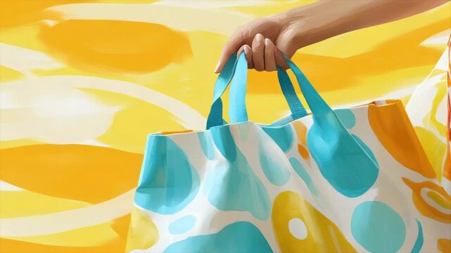 Hand holding a colorful shopping bag against a vibrant yellow background