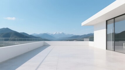 Fototapeta premium Modern rooftop terrace with panoramic mountain views under a clear blue sky