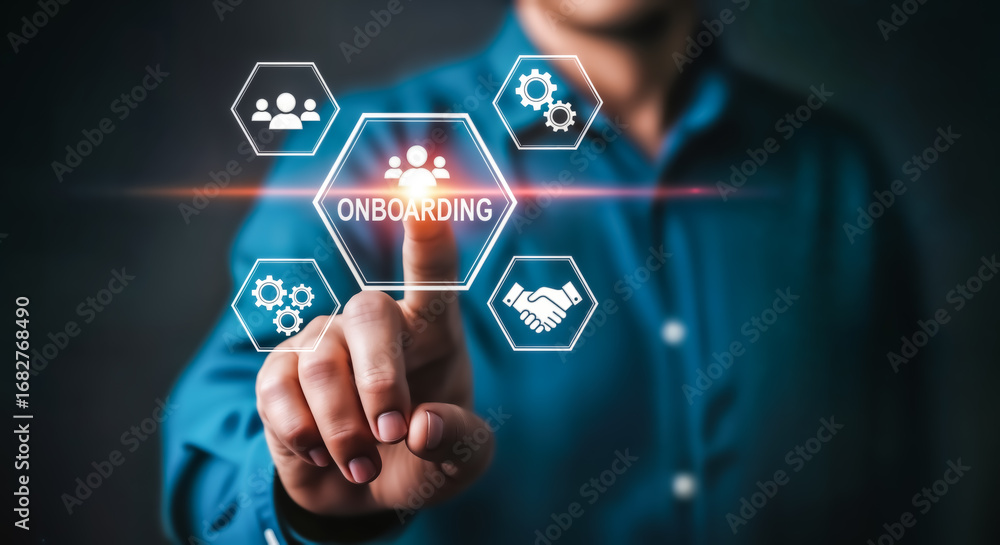 Poster Man touching a digital interface with icons representing onboarding, teamwork, and success, symbolizing the process of integrating new employees into a company