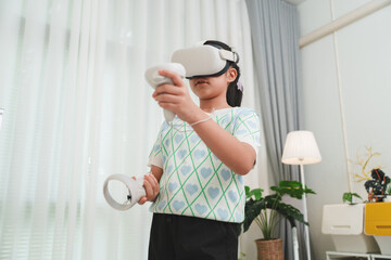 Girl explores virtual reality simulation for school project.