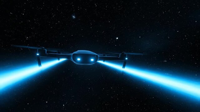 Futuristic Drone with Blue Neon Lights Flying through Starry Space Night Sky Sci-Fi Concept Advanced Technology Innovation Artificial Intelligence UAV