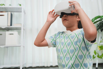 Child looking up in awe at metaverse. Future of digital exploration.