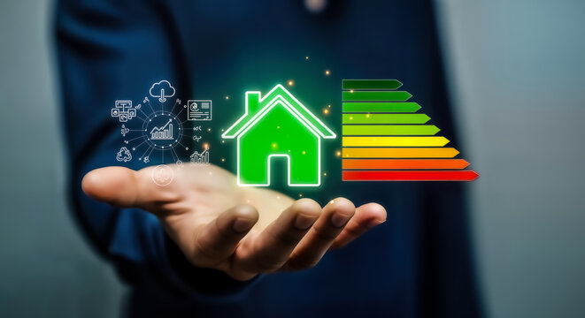 Hand holding a glowing green house icon with an energy efficiency rating chart and digital icons representing cloud computing, data, and analytics, symbolizing smart home technology and sustainable