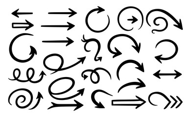 This vector illustration features a versatile collection of 24 black arrow designs, each rendered in a unique hand-drawn style