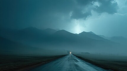 Lightning Storm Over Mountain Road Night Drive