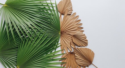 A vibrant composition of fresh green and dried brown palm leaves artfully arranged on a clean white background, showcasing natural textures.