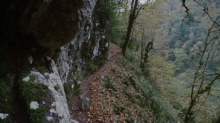 Autumn forest trail lined with golden foliage, photographed in high-resolution 4K with 35mm f2 lens, balanced tones and sharp textures