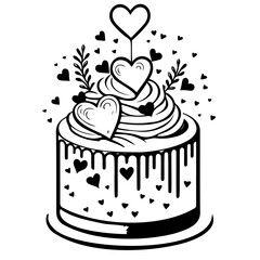 Whimsical celebration cake adorned with heart motifs and delicate foliage in monochrome