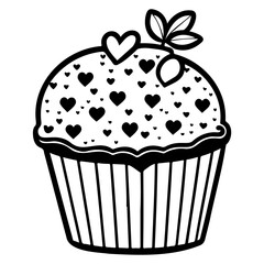 Whimsical cupcake design featuring heart accents and a sprig of leaves in simple black outline