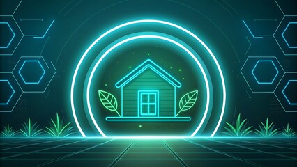 Neon Eco-Home Symbol with Futuristic Hexagonal Background