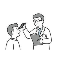Doctor examining patients eye with ophthalmoscope wearing glasses and white coat.