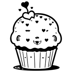 Whimsical cupcake illustration with hearts, delightful dessert art, perfect for sweet celebrations