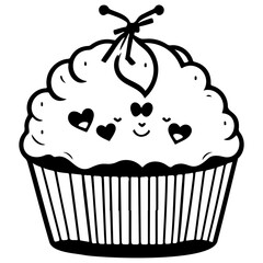 Whimsical cupcake illustration with sweet hearts and a charming bow, delicious dessert concept