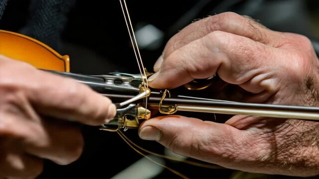 Close-up of hands adjusting violin bow strings
