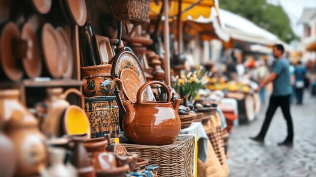 Outdoor market stall overflowing with handcrafted terracotta pottery and dishes