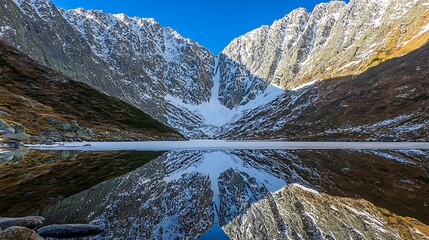 High-resolution telephoto capture of a frozen alpine lake with mountains mirrored perfectly, photographed with 70-200mm f2.8 lens