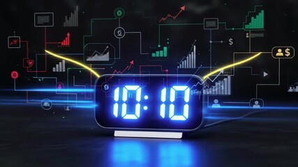 Digital clock displaying 1010 with financial graphs and data visualizations in the background - Powered by Adobe