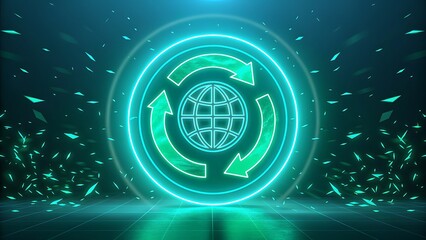 Neon Globe with Recycling Arrows and Digital Particles
