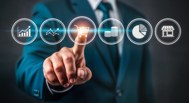 Businessman touching a shopping cart icon on a digital interface, representing ecommerce and online business growth, with other financial icons