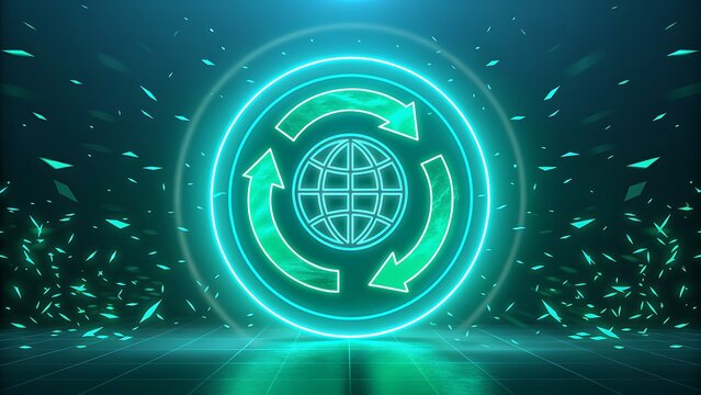 Neon Globe with Recycling Arrows and Digital Particles