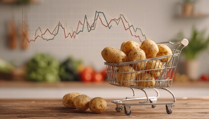 Potatoes in a shopping cart with a downward trend graph