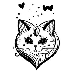 Whimsical feline face outlined in black with floating hearts creating a lovely composition