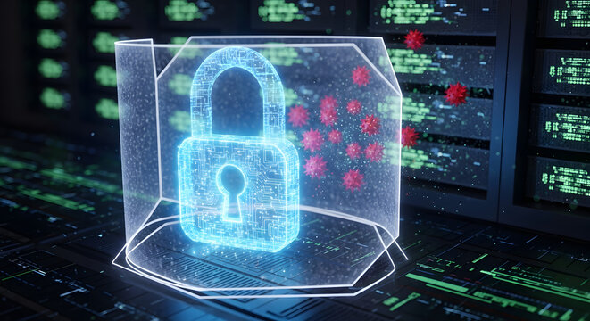 Futuristic cybersecurity firewall with holographic padlock