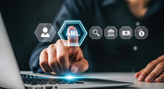 Fingers pressing a digital button with aml acronym, representing antimoney laundering compliance and financial regulation in business and technology