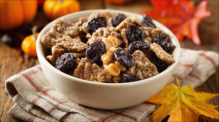 Autumnal Cereal Bowl: Bran flakes, walnuts, and raisins in a ceramic bowl, complemented by pumpkins and fall leaves. Wholesome breakfast imagery
