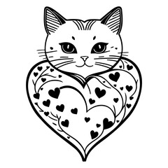 Whimsical feline portrait adorned with heart shaped decoration illustrating affection and