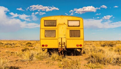 A yellow camper, rear view, sits in an arid landscape under a bright blue sky with scattered clouds. Dry grass surrounds it