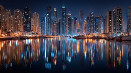 Obraz premium Dubai Marina Night Skyline Reflection Skyscrapers Cityscape