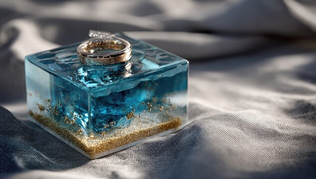 Two wedding rings nestled in a teal resin cube,  resting on a grey fabric.  Sunlight highlights the glassy texture