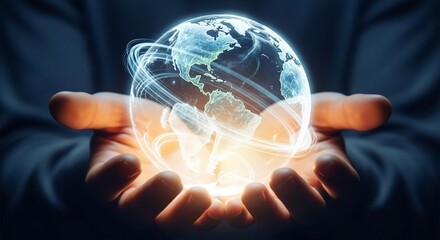 A person's cupped hands gently holding a glowing, digital Earth, symbolizing global connection, technology, and care for the future.