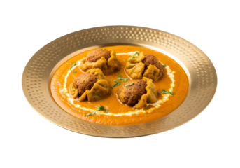 Four golden-brown, meat-filled dumplings are nestled in a rich, creamy, orange-tinged curry sauce, served on a textured gold plate.
