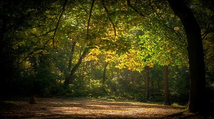 Autumn forest trail lined with golden foliage, photographed in high-resolution 4K with 35mm f2 lens, balanced tones and sharp textures