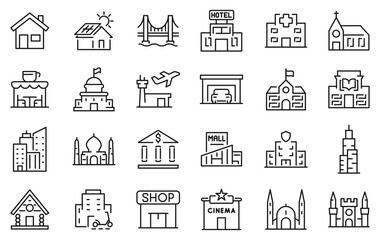 Building web icons line style. Airport, Office, Hotel, Hospital, Insurance, town house, mall, coffee. Vector illustration.