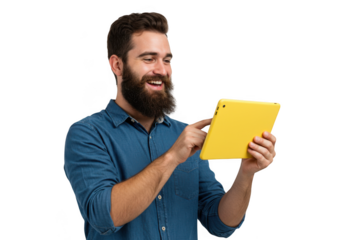 Man smiles while using yellow device screen on transparent background