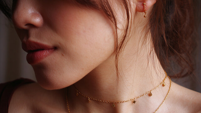 Close-up on a woman's profile showcasing delicate gold jewelry: a dainty choker, a longer chain necklace, and matching earrings.