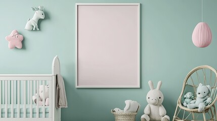 A serene nursery with a mint green wall, a white crib, and various stuffed animals and toys.