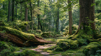 Fototapeta premium Sun-dappled forest scene with moss-covered logs and rocks, creating a peaceful atmosphere. Lush greenery and natural light enhance the woodland's charm.